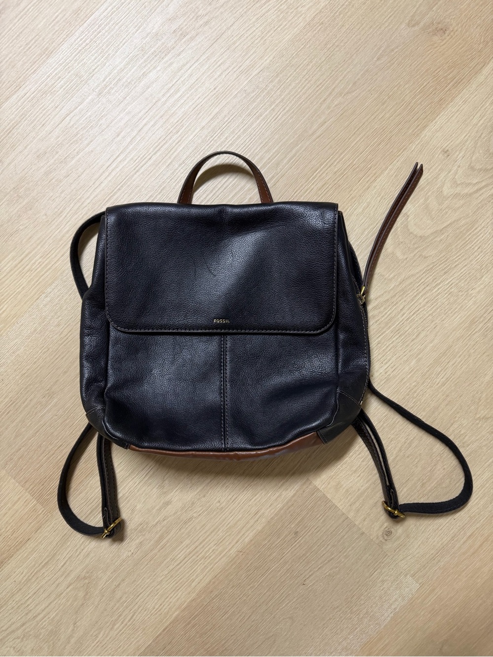 Fossil Black Leather Backpack with Brown Trim Handles